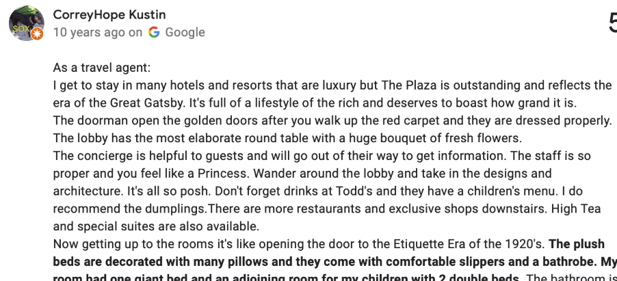 Google business review showing a five-star customer rating